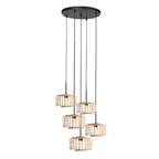 Suspension bambou cuivré avec 5 abat-jours cylindriques ajourés