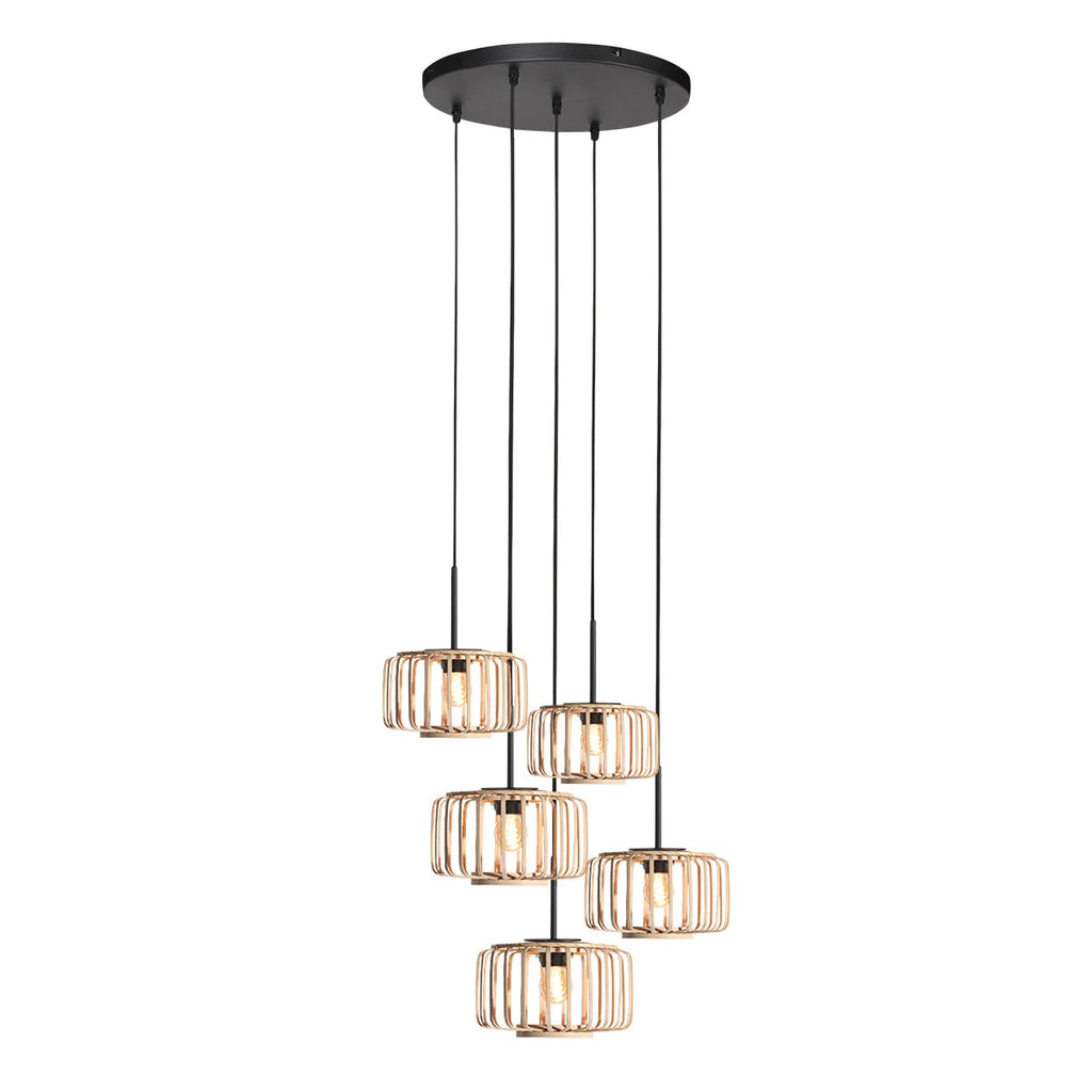 Suspension bambou cuivré avec 5 abat-jours cylindriques ajourés