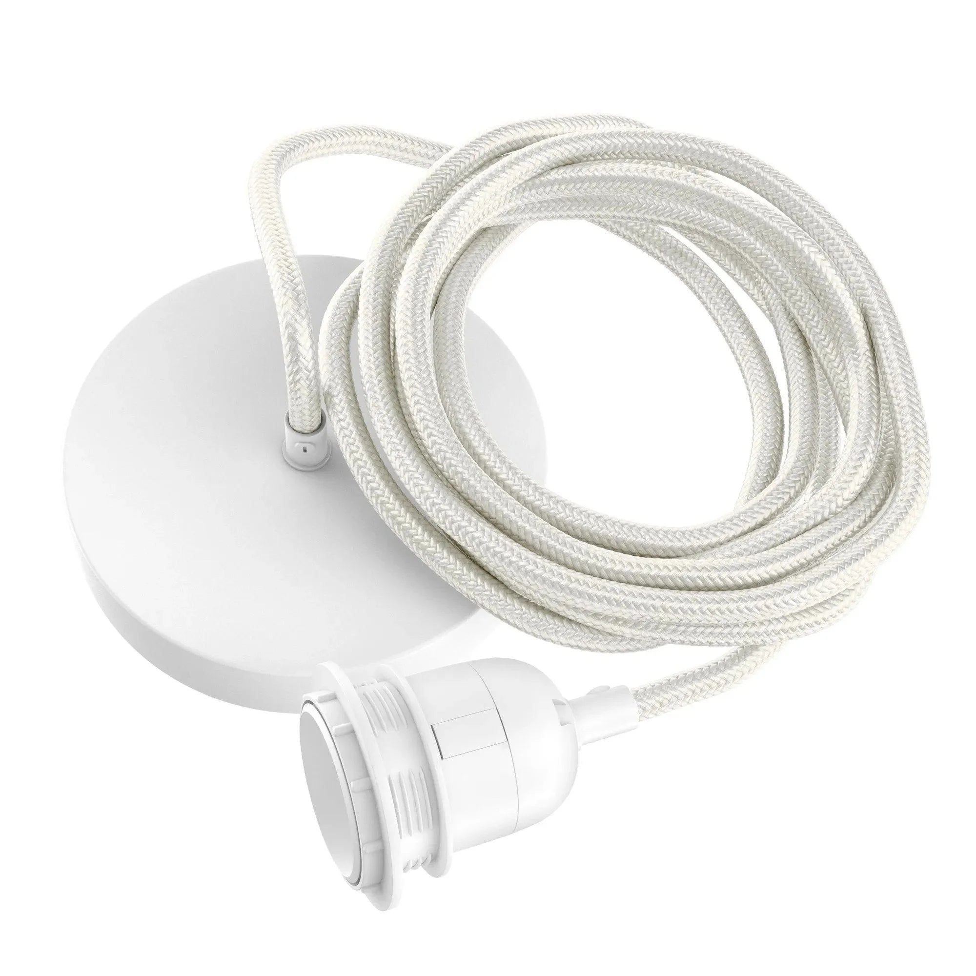 Pendentif blanc avec rosace de plafond en câble tressé et douille L250 cm