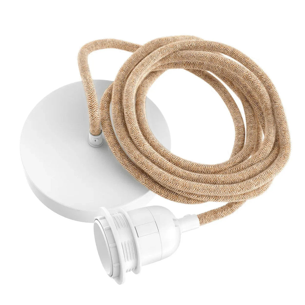 Rose de plafond blanche avec câble tressé beige et douille E27 pour suspension élégante