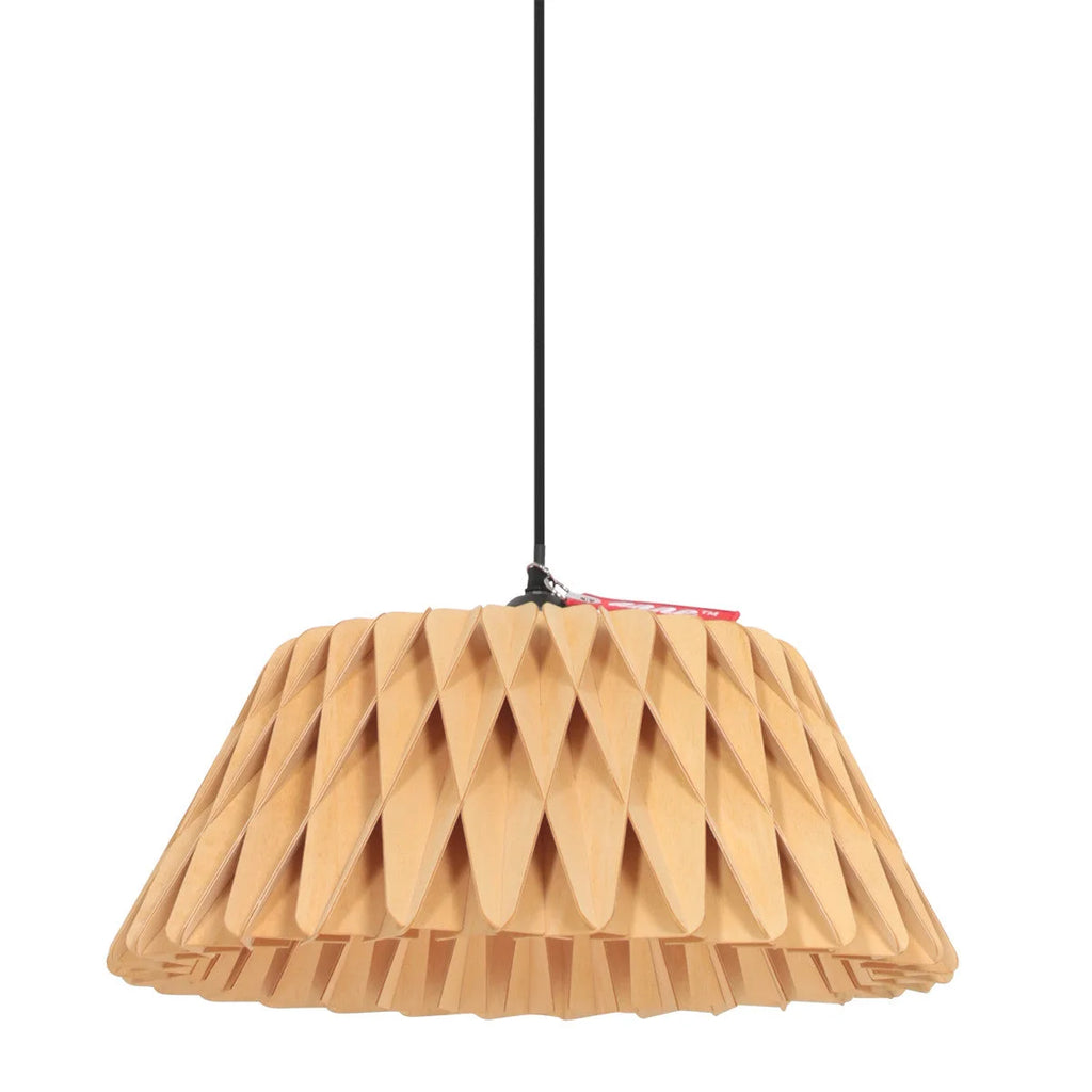 Abat-jour en bois géométrique naturel avec câble noir pour suspension design Ø46 cm