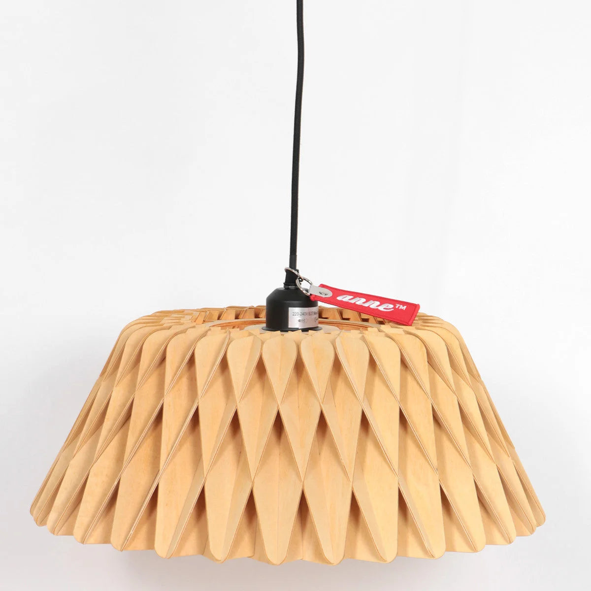 Lampe pendentif en bois naturel design ondulé avec câble noir de Ø46 cm