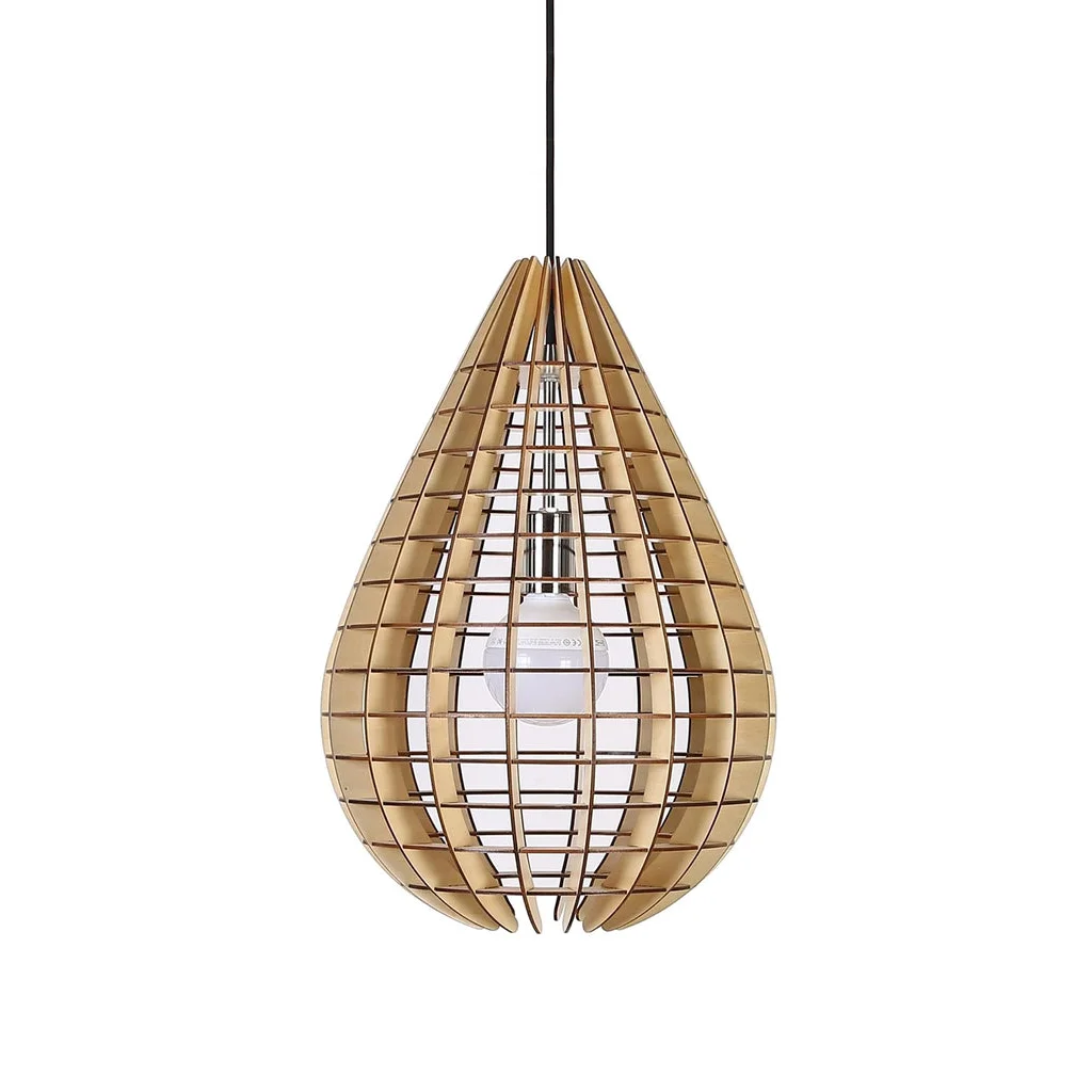 Suspension en bois en forme de goutte avec ampoule visible pour la Hängelampe Droplet Holz