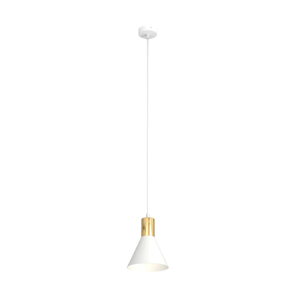 Suspension conique blanche en métal avec col doré, H140 cm