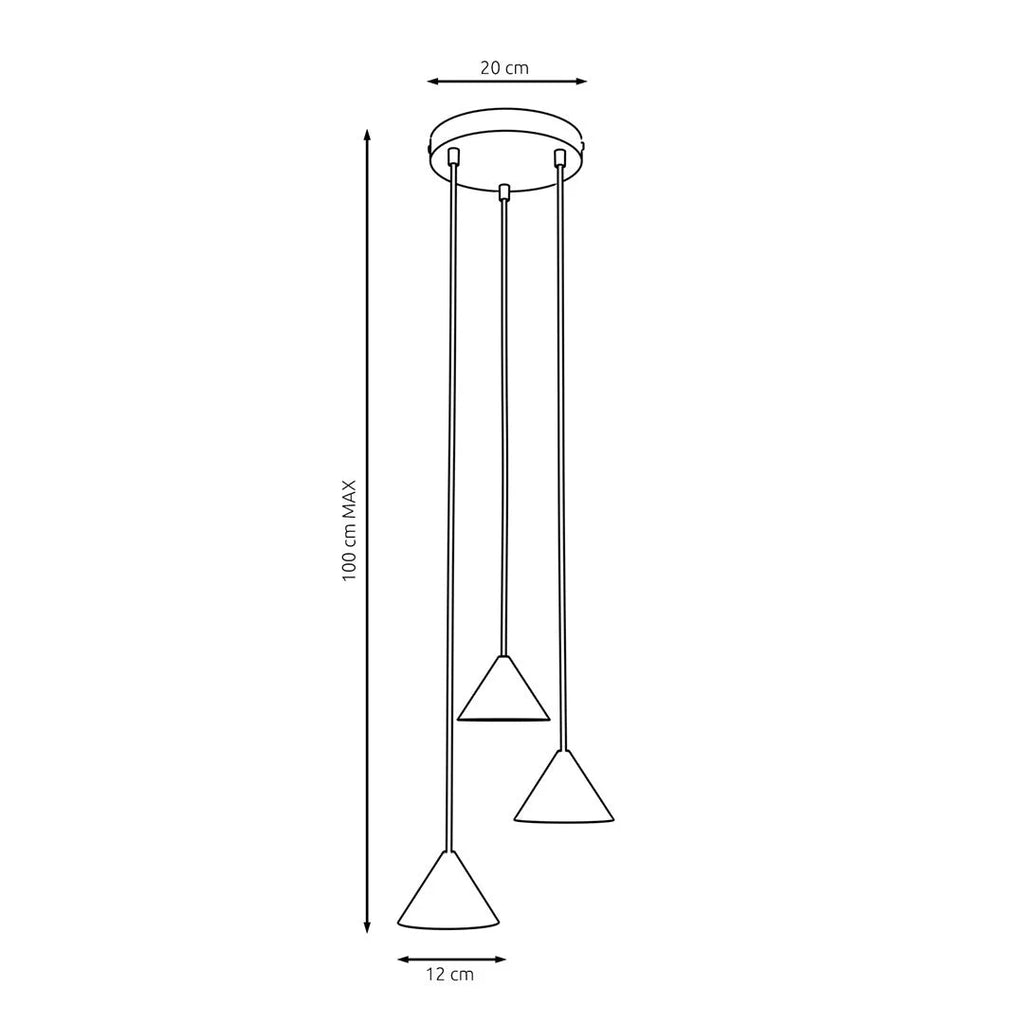 Suspension conique en métal noir mat à 3 lumières, H100 cm