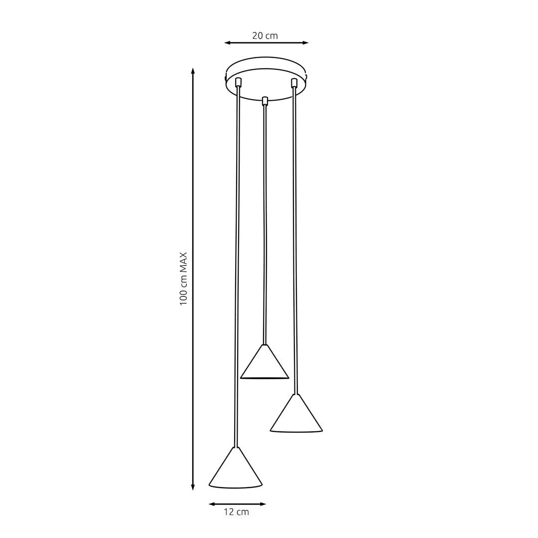Suspension conique en métal noir mat à 3 lumières, H100 cm