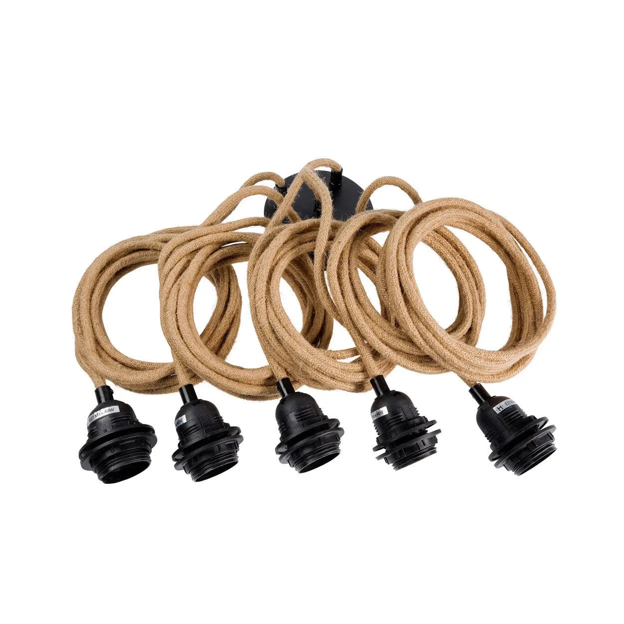 Suspension en corde de jute naturelle avec cinq douilles noires et cordons tressés