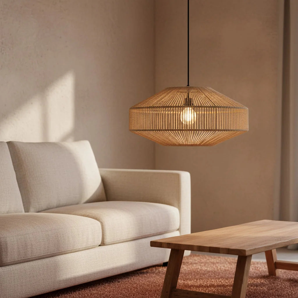 Suspension en rattan tressé beige sable ajouré hexagonal Ø60 cm