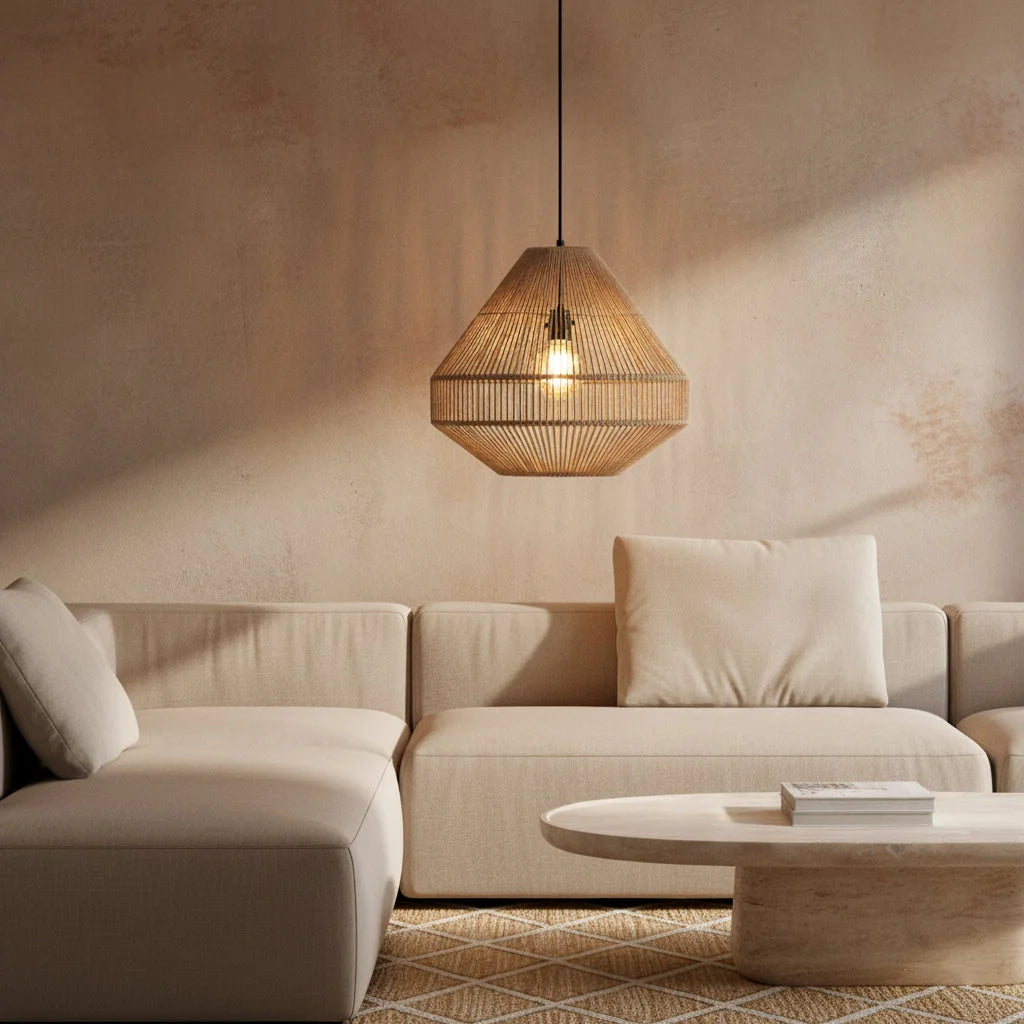Suspension en corde naturelle forme diamant ajourée Ø44 cm en tons chauds