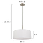 Suspension cylindre tissu blanc et métal brossé avec abat-jour en drum blanc ajustable