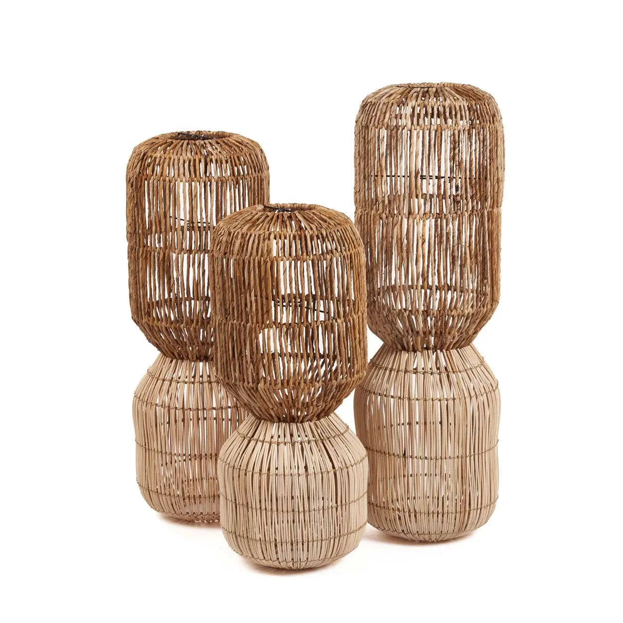 Suspension cylindrique en rotin naturel double niveau – H70 cm