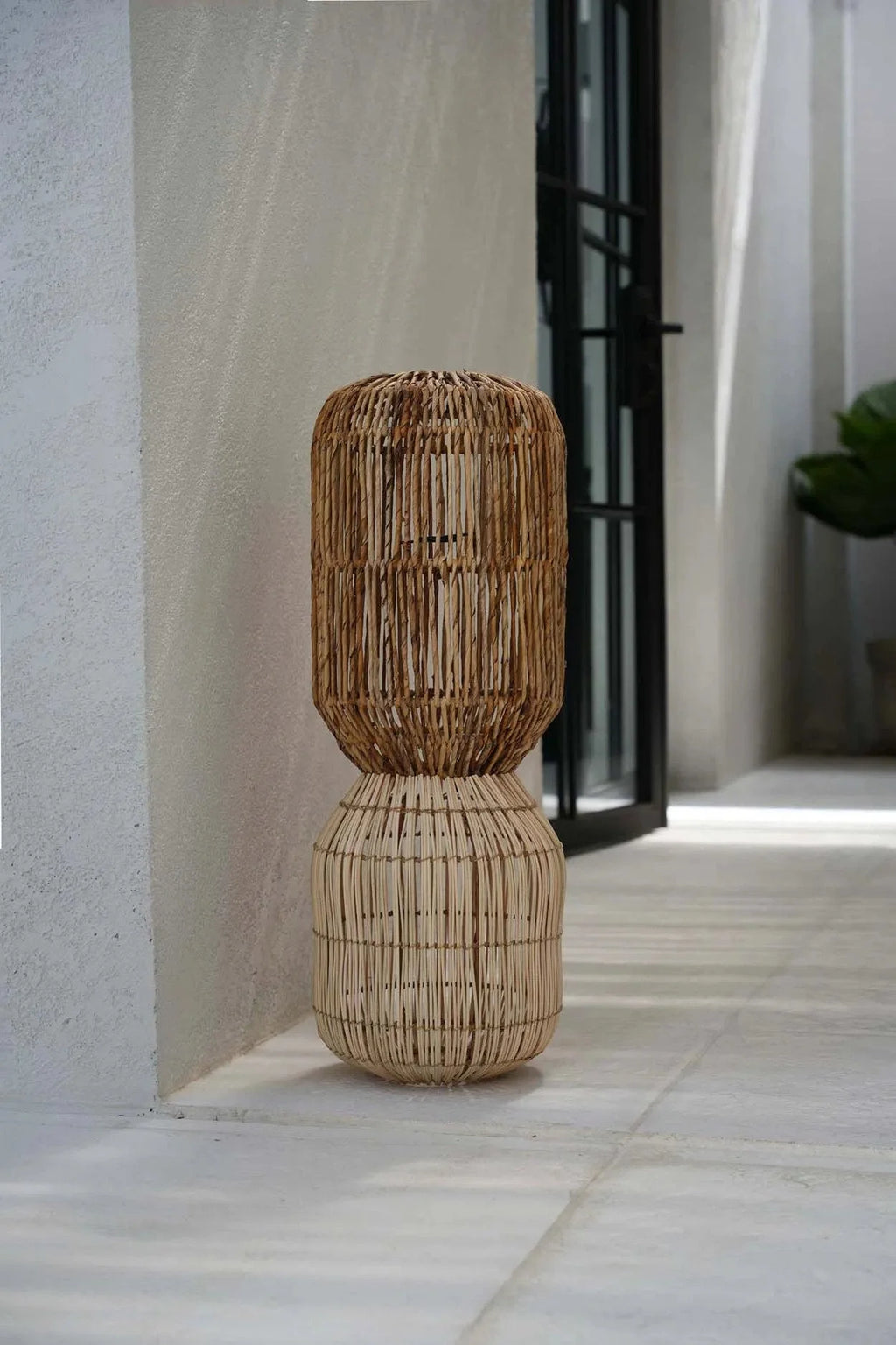 Suspension cylindrique en rotin naturel double niveau – H70 cm