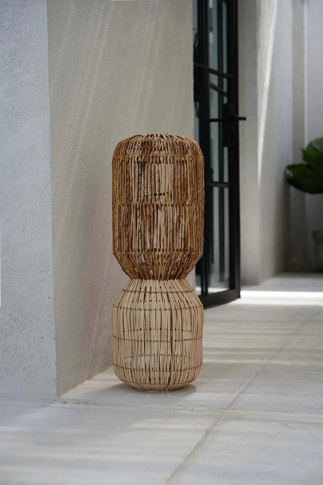 Suspension cylindrique en rotin naturel double niveau – H70 cm