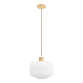 Suspension globe en verre opalin strié blanc et bois clair Ø30 cm
