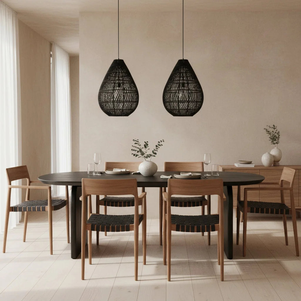 Suspension goutte en rotin noir ajouré Ø45x65 cm au-dessus table