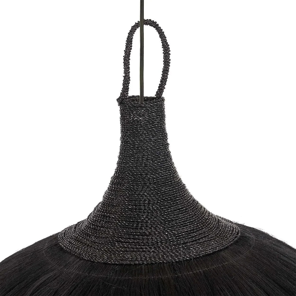 Suspension en herbe noire tressée avec franges bohèmes Ø100 cm