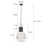 Suspension industrielle en métal noir et verre strié transparent diamètre 41 cm
