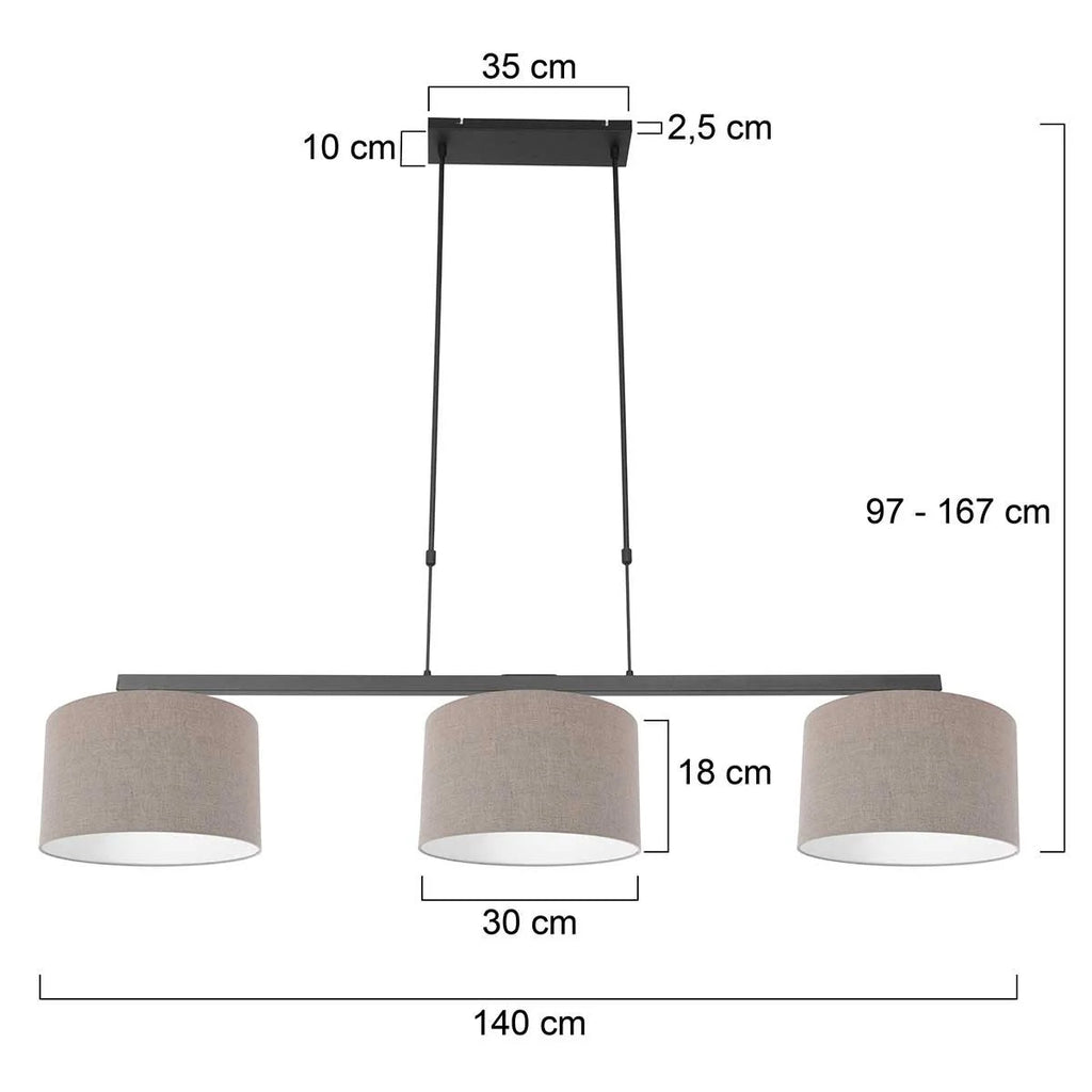 Suspension linéaire en métal noir avec trois abat-jours en tissu taupe ajustables