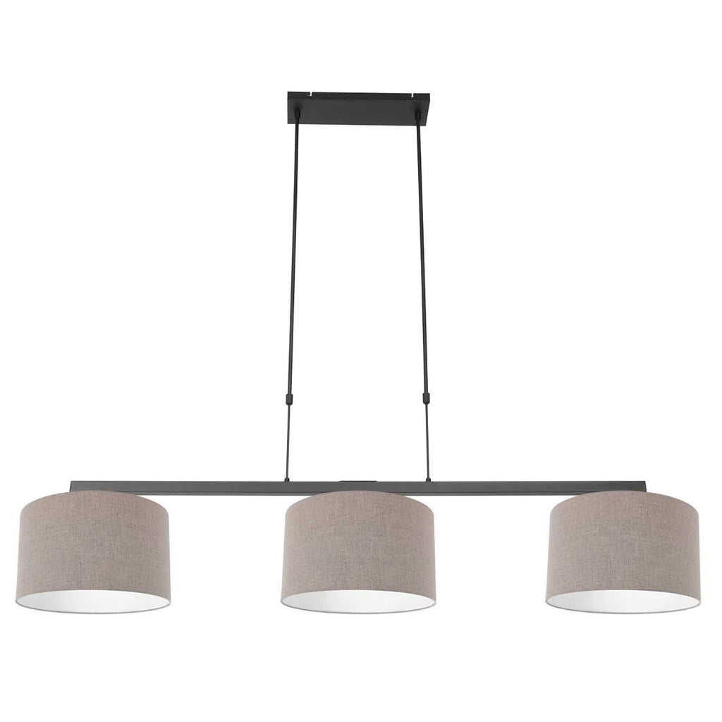 Suspension linéaire en métal noir avec trois abat-jours en tissu taupe moderne