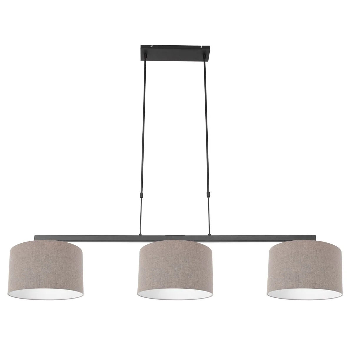 Suspension linéaire en métal noir avec trois abat-jours en tissu taupe moderne
