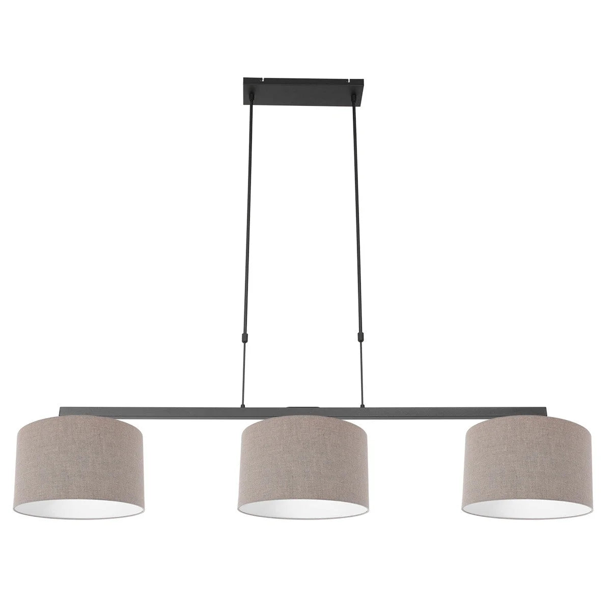 Suspension linéaire en métal noir avec trois abat-jours en tissu taupe 140x30 cm