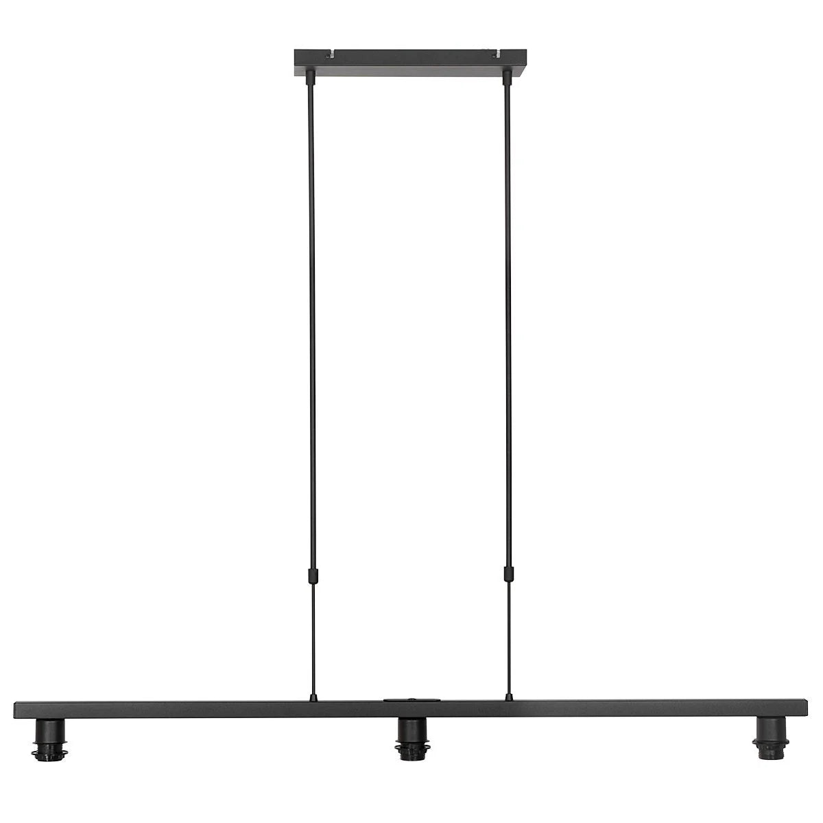 Suspension linéaire en métal noir avec trois abat-jours en tissu taupe 140x30 cm