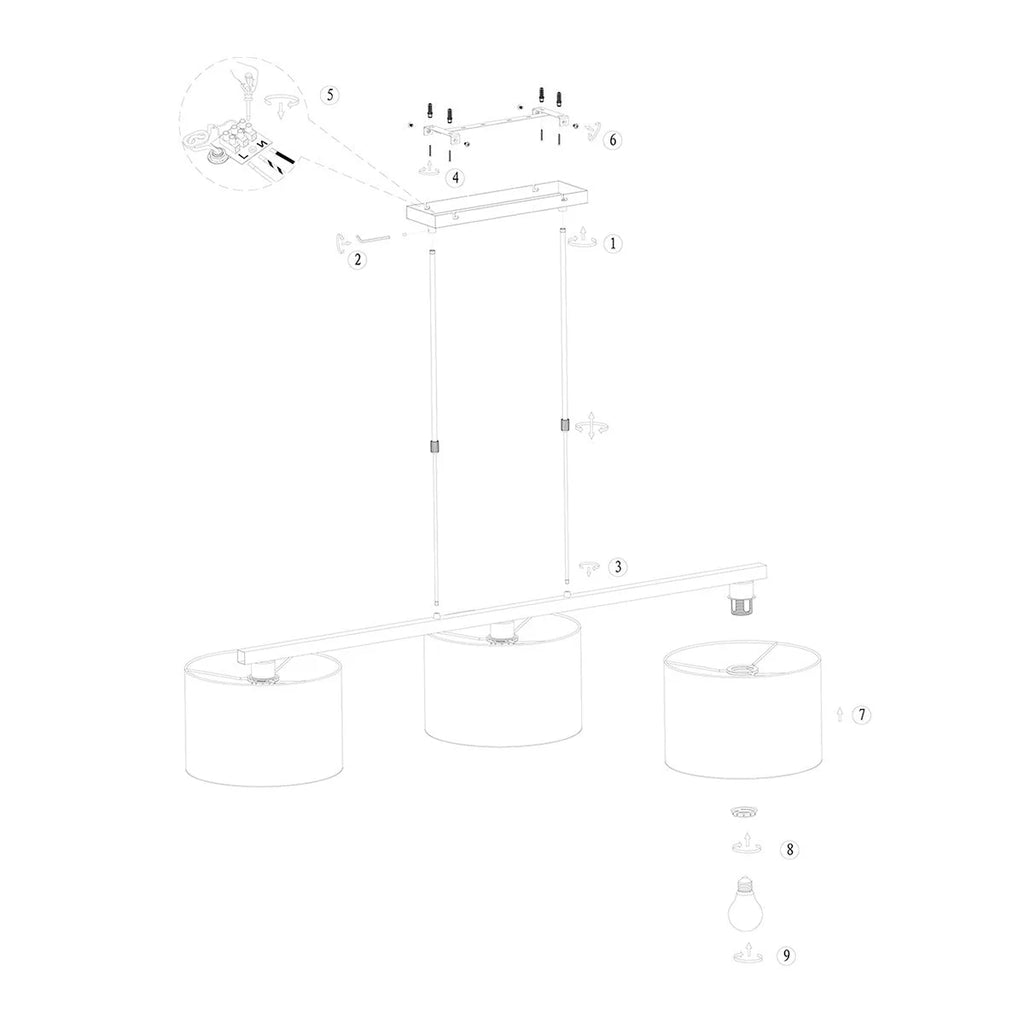 Diagramme en coupe d’une suspension linéaire noire avec abat-jours taupe 140x30 cm