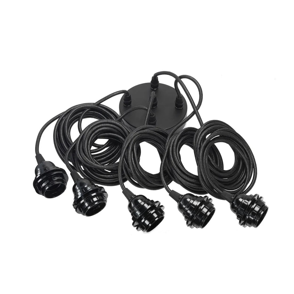 Suspension luminaire noire à 5 douilles avec câbles gainés et coiled cords