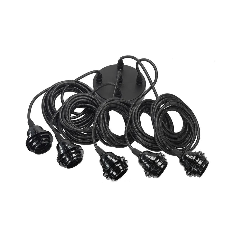 Suspension luminaire noire à 5 douilles avec câbles gainés – 350 cm
