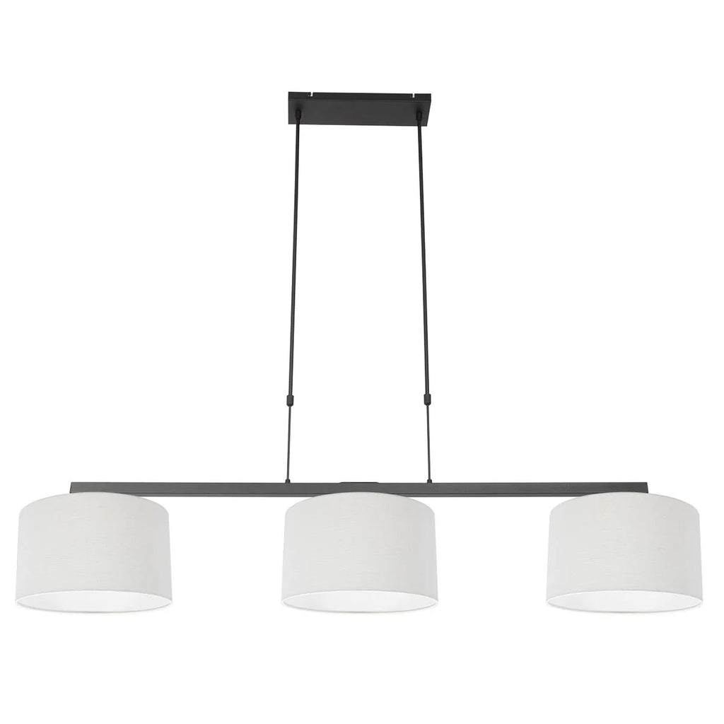 Suspension métal noir avec trois abat-jour en tissu blanc lin pour éclairage moderne