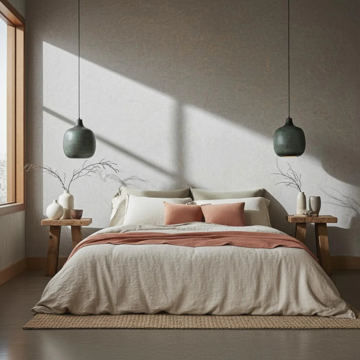 Image d’un lit bien fait avec une couette beige, une couverture terracotta et deux coussins assortis, dans un produit Suspension métal patiné vert-de-gris intérieur doré Ø38 cm