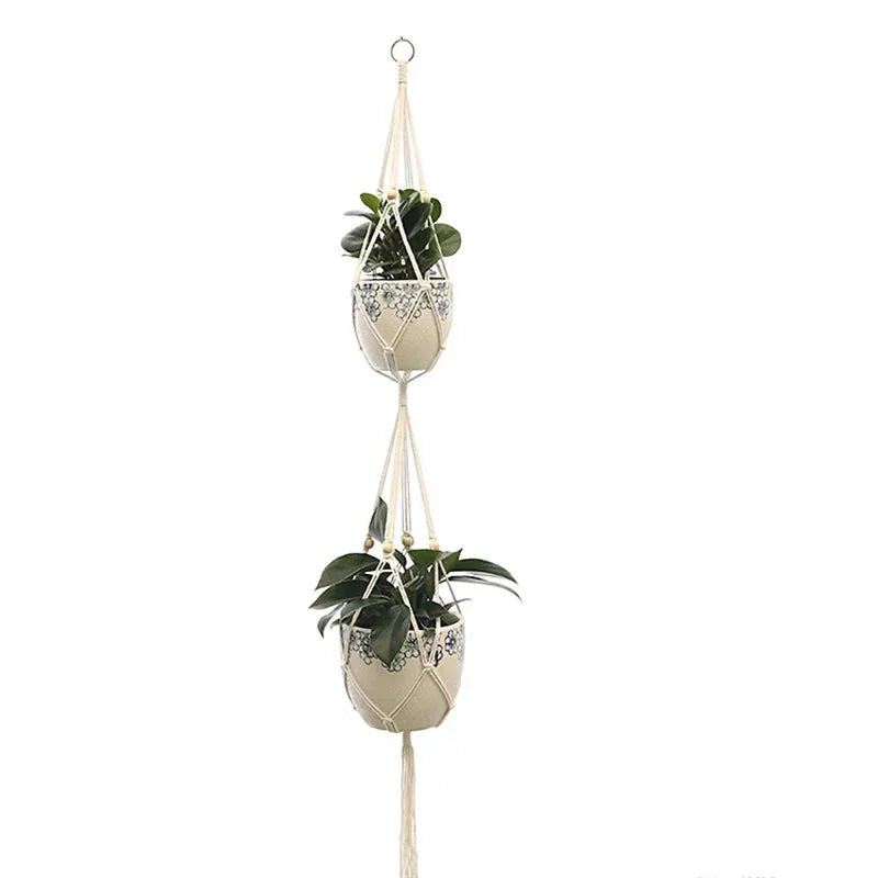 Support de plante en macramé double en corde tressée blanc cassé