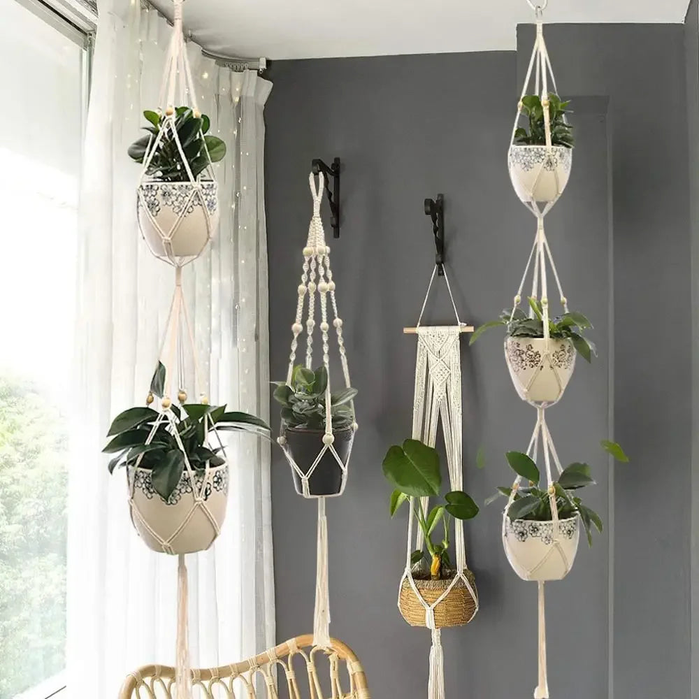 Suspension murale macramé double en corde tressée blanc cassé avec plantes en pot