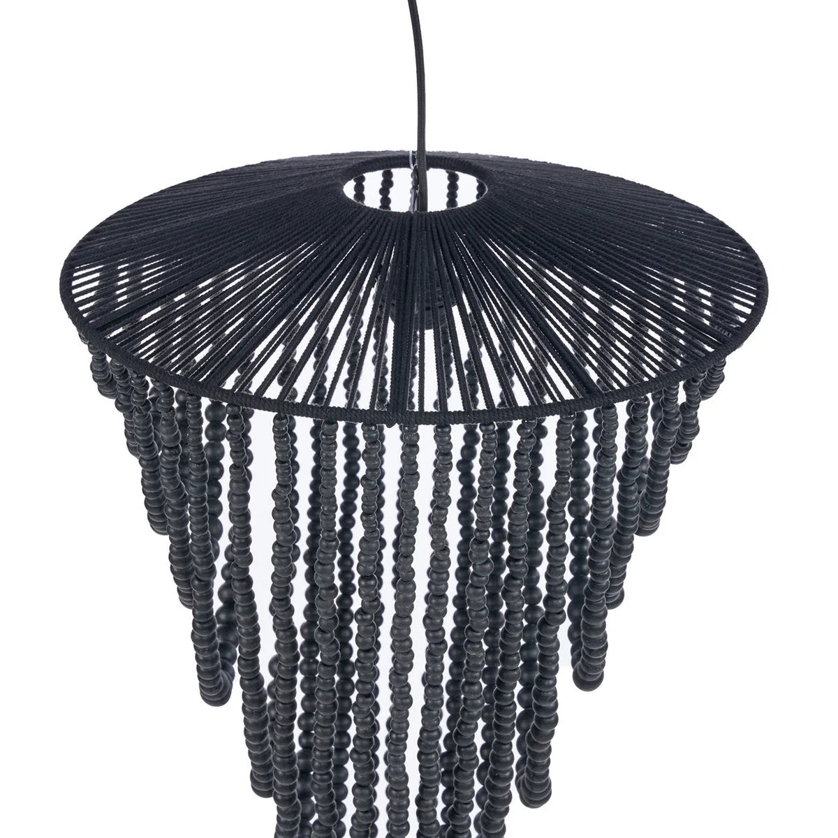 Ampoule à filament verre clair luisante suspendue dans lustre perles bois noires cascade Ø47 cm
