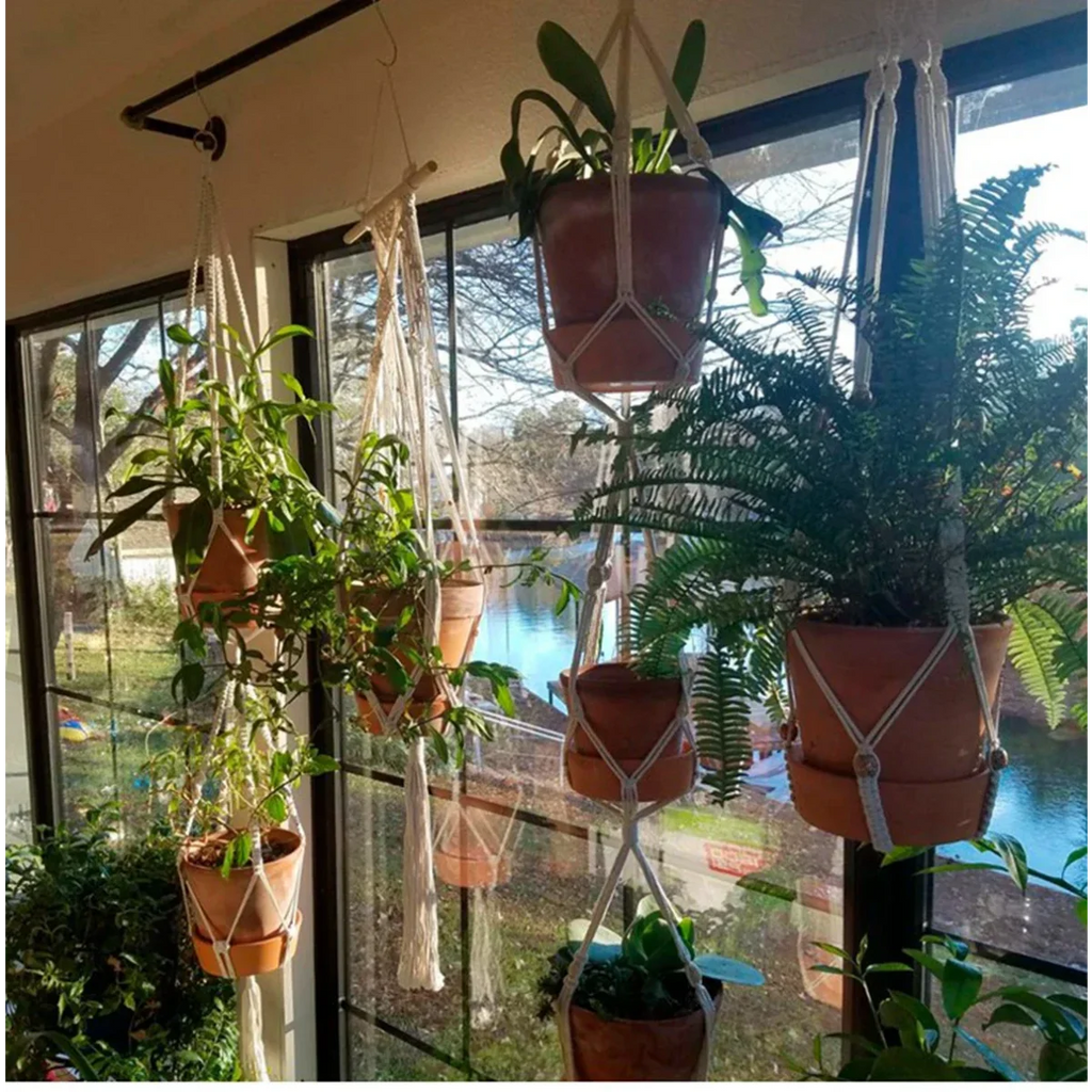 Suspension plante macramé en corde blanche avec plantes suspendues pour décoration intérieure
