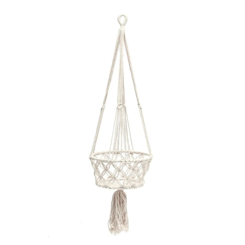 Suspension plante macramé en coton blanc cassé avec franges – H110 cm