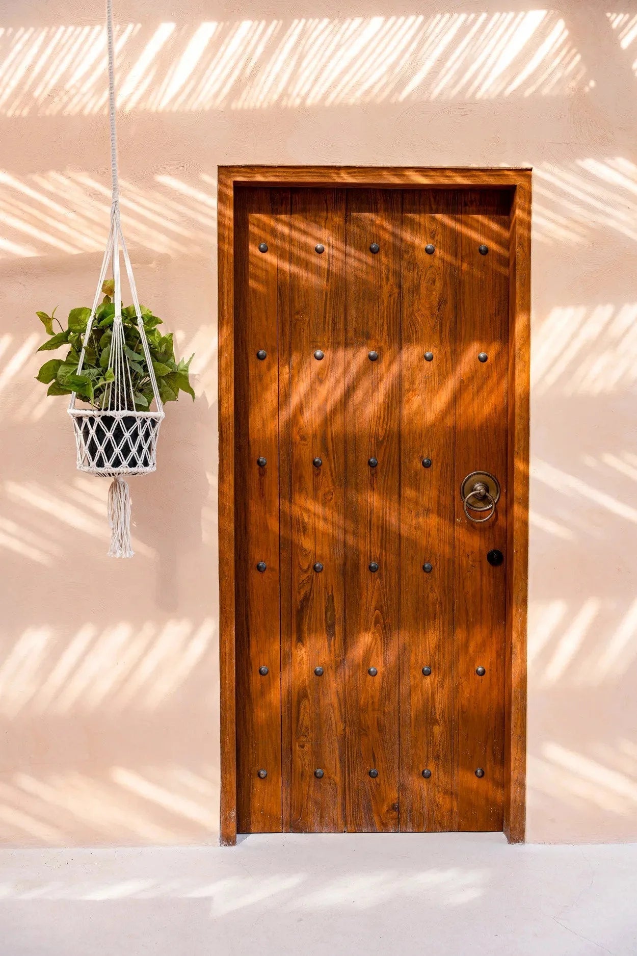 Porte rustique en bois avec bouton en métal et plante suspendue en macramé blanc cassé