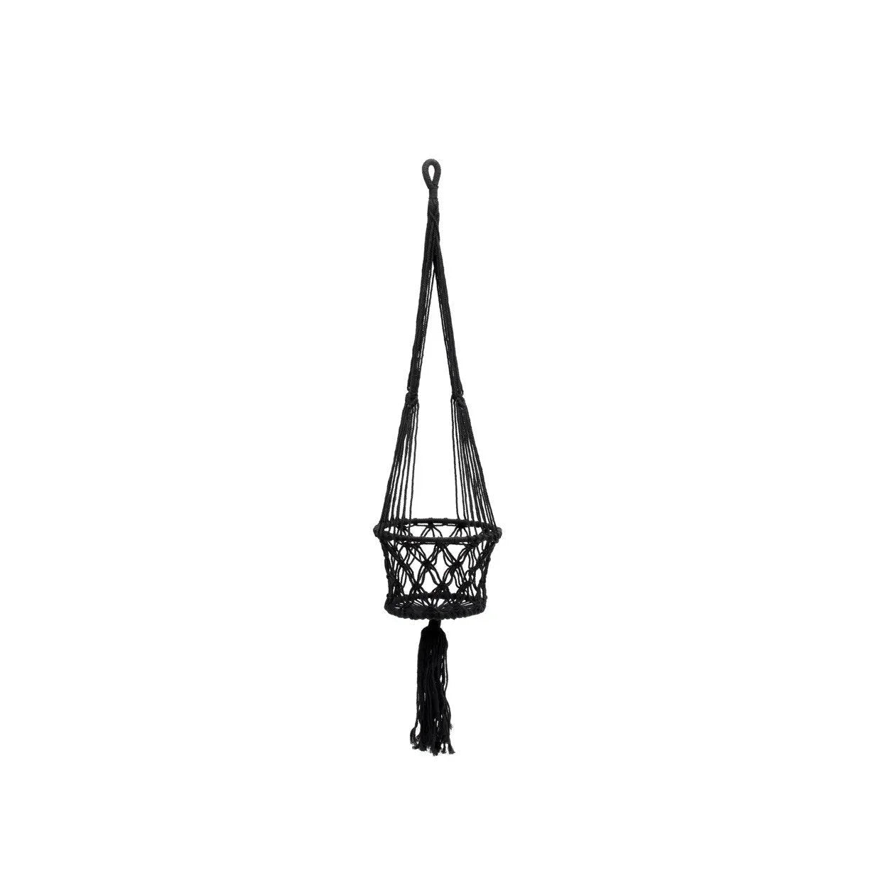 Support de plante en macramé noir en coton avec pampille décorative, H100 cm