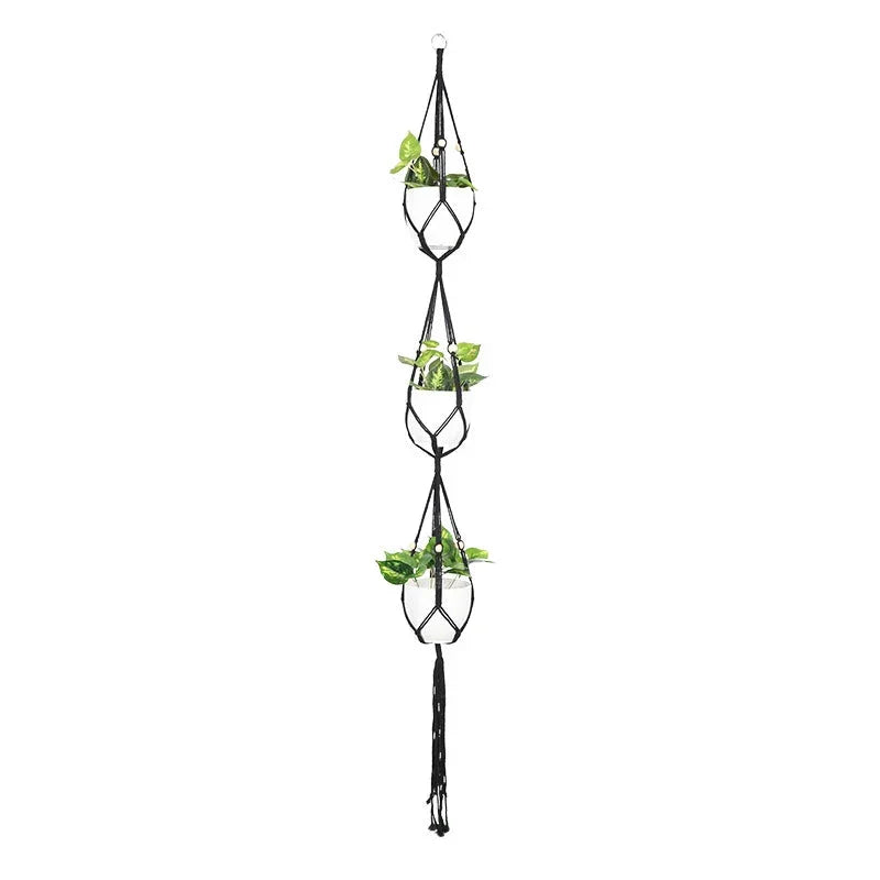 Suspension plantes en corde noire verticale à trois niveaux pour décoration intérieure