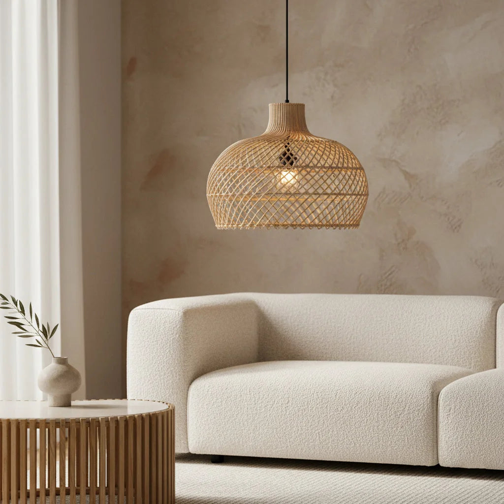 Suspension en rotin naturel tressé forme gourde Ø42 cm beige chaud