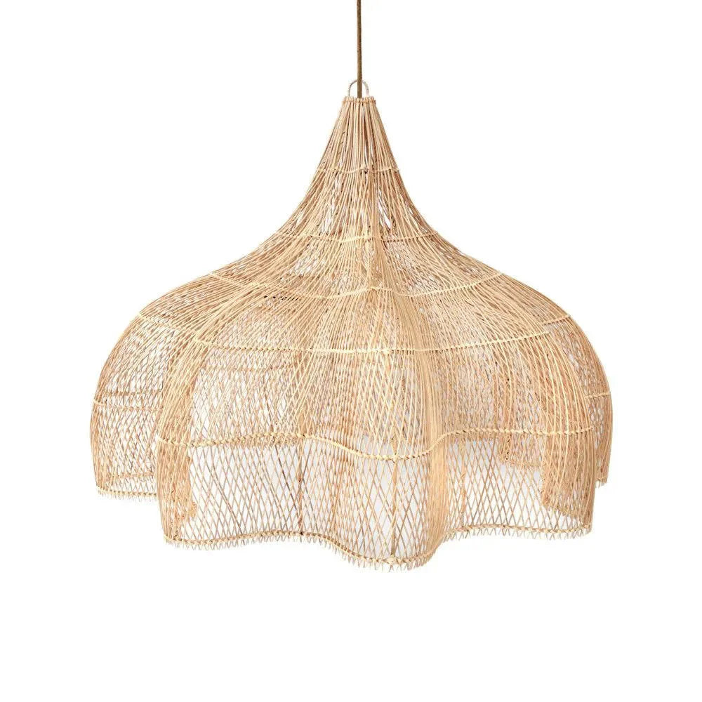 Suspension rotin naturel XL 110 cm avec abat-jour en fibre tissée et bord ruffled