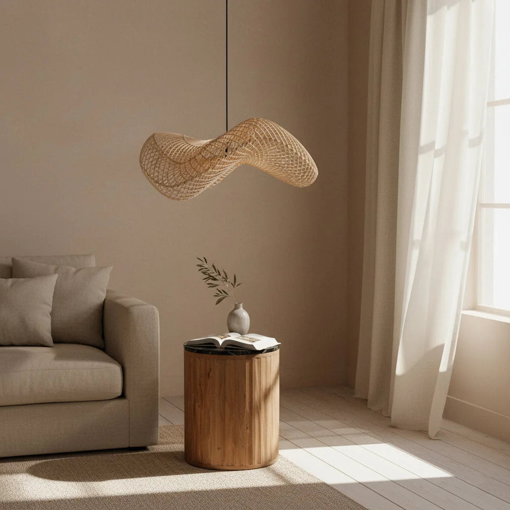 Suspension en rotin ondulé tressé naturel, Ø71 cm pour salon