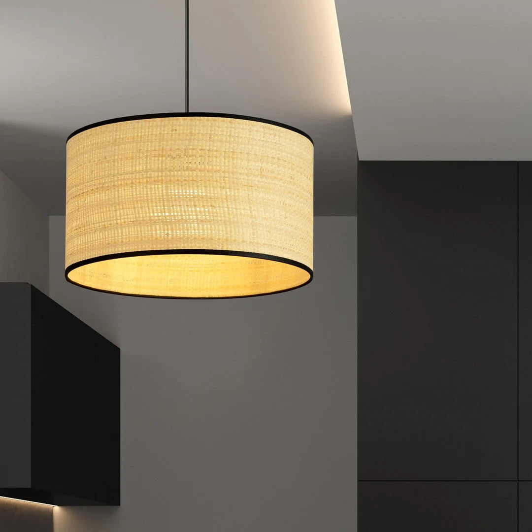 Suspension cylindrique en rotin tressé beige avec bordure noire Ø35 cm