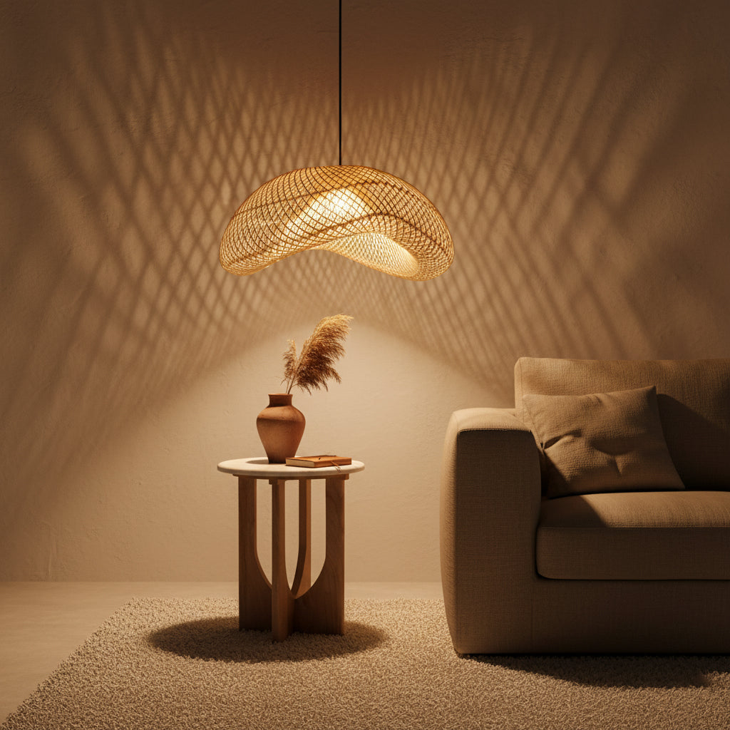 Suspension en rotin tressé beige forme organique Ø75 cm