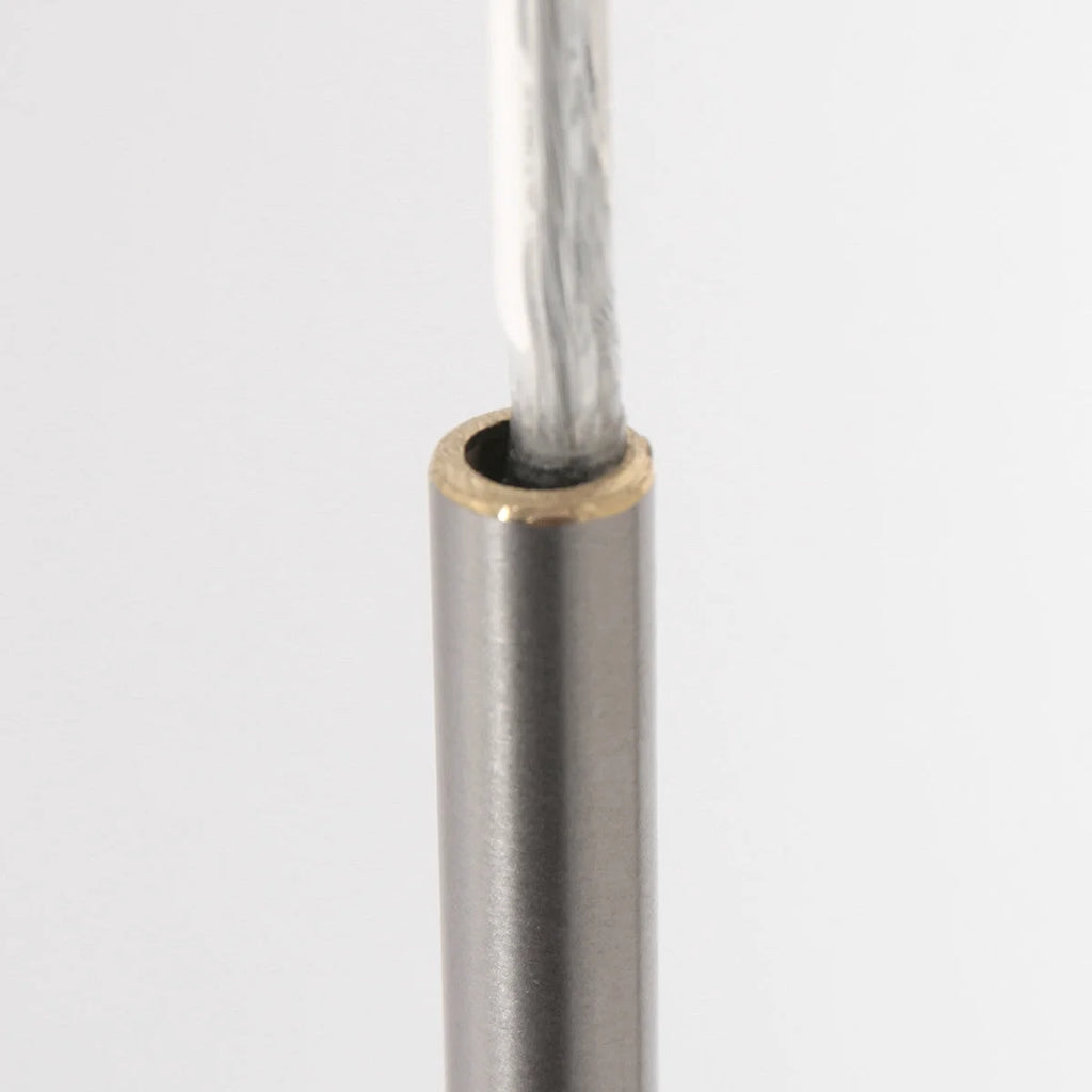 Tube en métal avec fil tressé inséré pour suspension tissu beige effet lin cylindre nickel brossé Ø50 cm