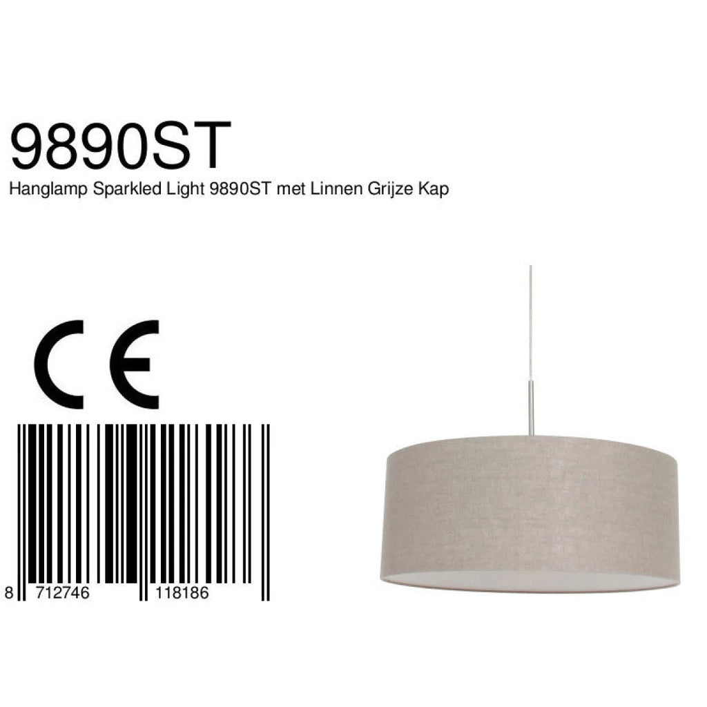 Suspension tissu beige effet lin cylindre avec abat-jour crème et finition nickel brossé