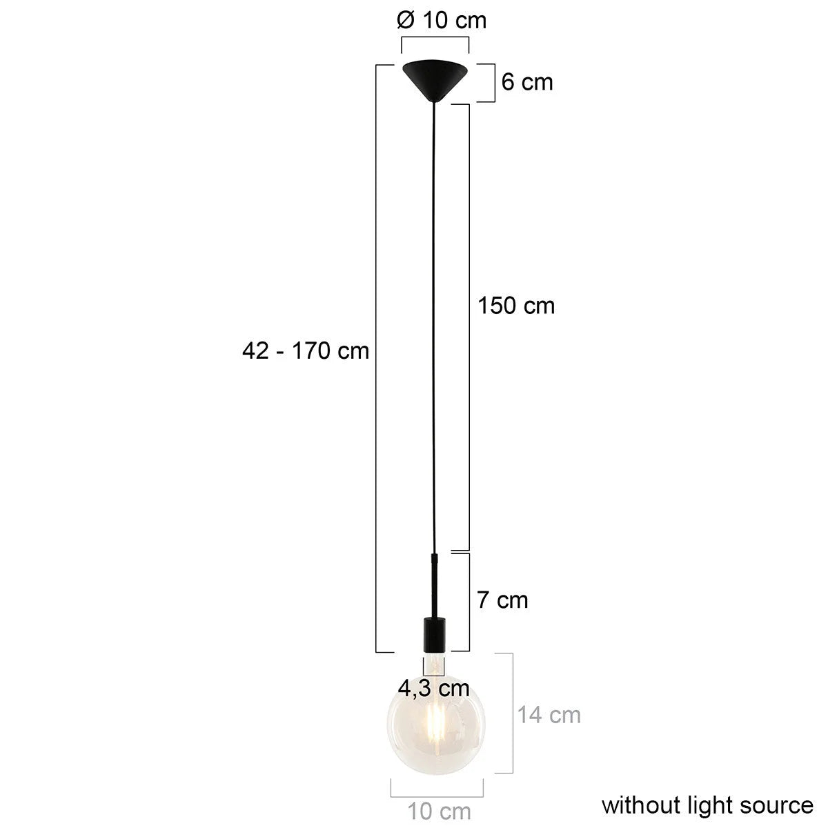 Dimensions du lampadaire suspendu en verre ambré avec ampoule apparente Ø100 cm