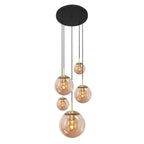 Suspension verre ambré et laiton multiglobes pour hauts plafonds avec plusieurs ampoules