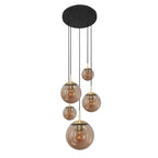 Suspension en verre ambré et laiton avec cinq globes pour hauts plafonds