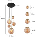 Suspension verre ambré et laiton multiglobes pour hauts plafonds avec 5 lampes